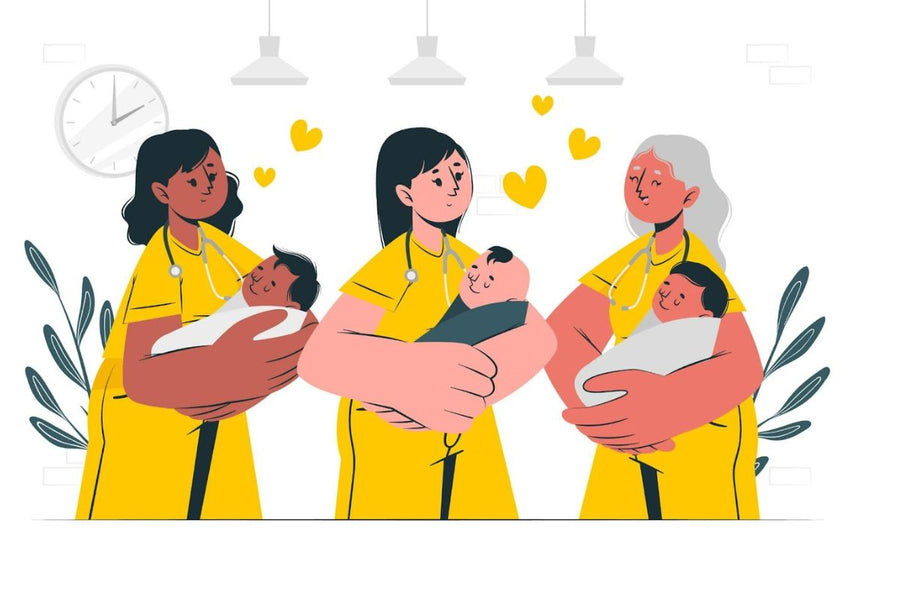 Illustration of three mothers in yellow overalls with their babies