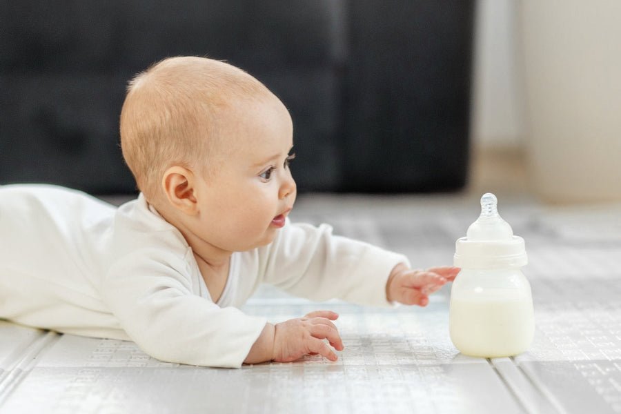 Baby lying on its front reaching towards a milk-filled baby bottle