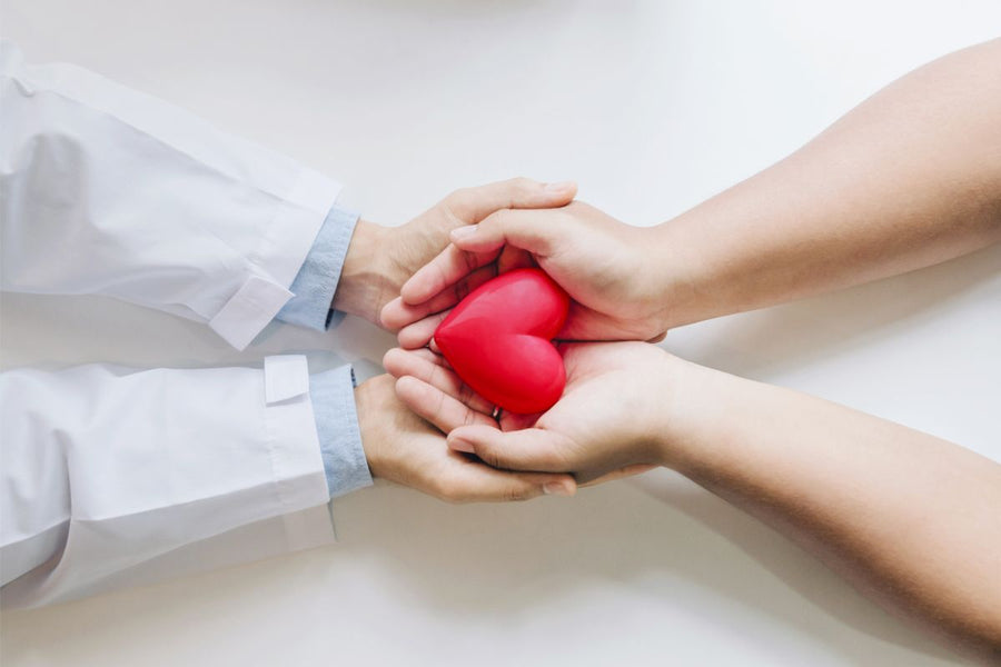 A doctor and a woman holding a pink heart in their hands