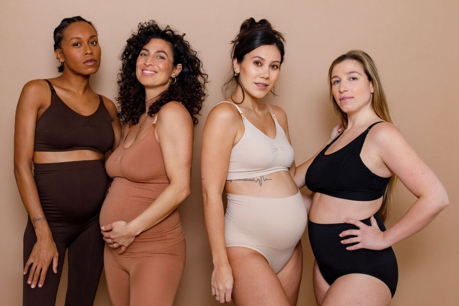 Four models are wearing seamless maternity collection by Noppies in different colors