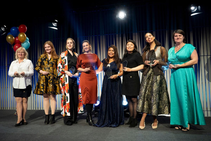 Lola&Lykke's CEO Laura with other winners on stage at Nordic Women in Tech Awards
