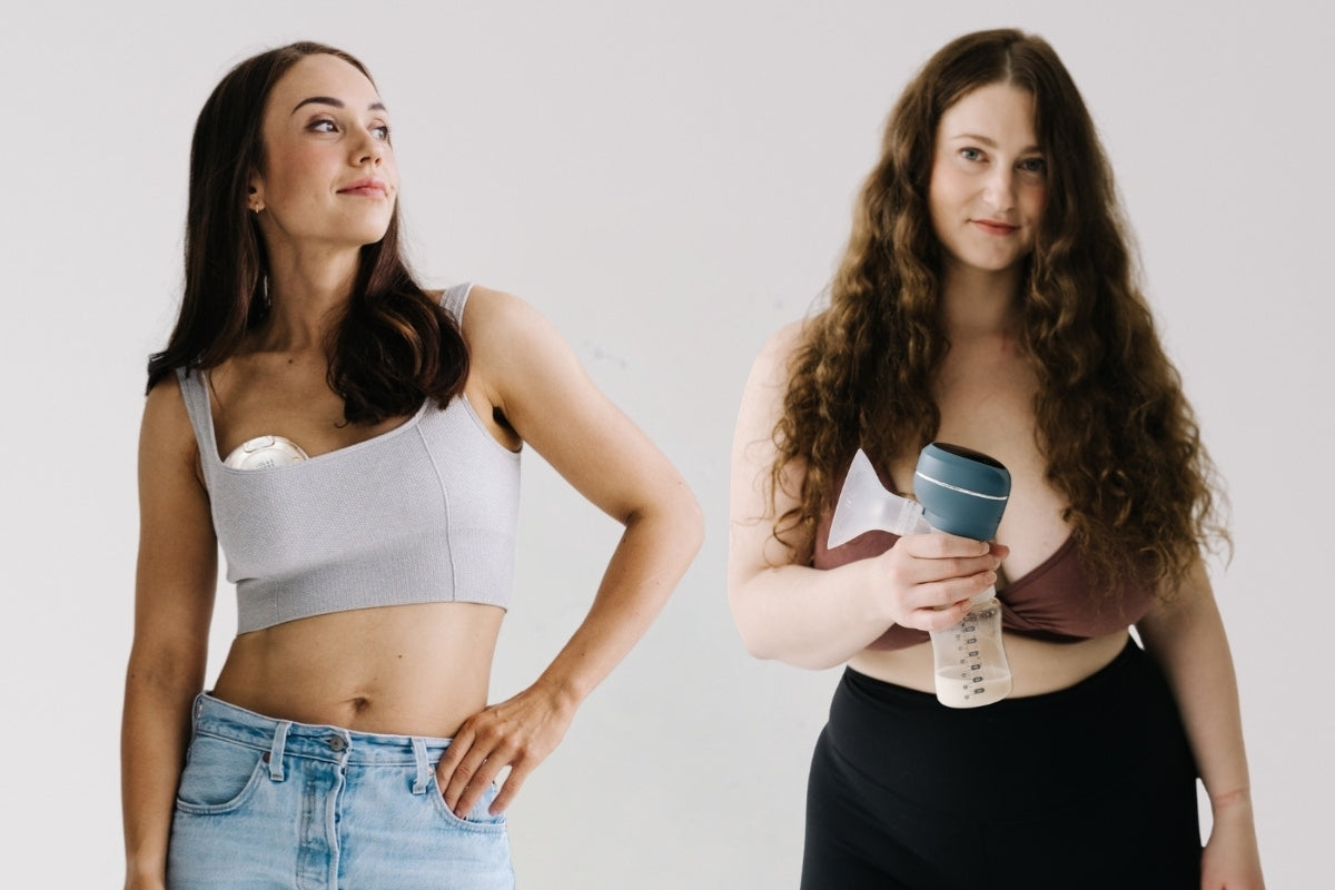 Two woman side by side - one using Lola&Lykke Bloome Wearable Breast Pump and other Lola&Lykke Smart Electric Breast Pump