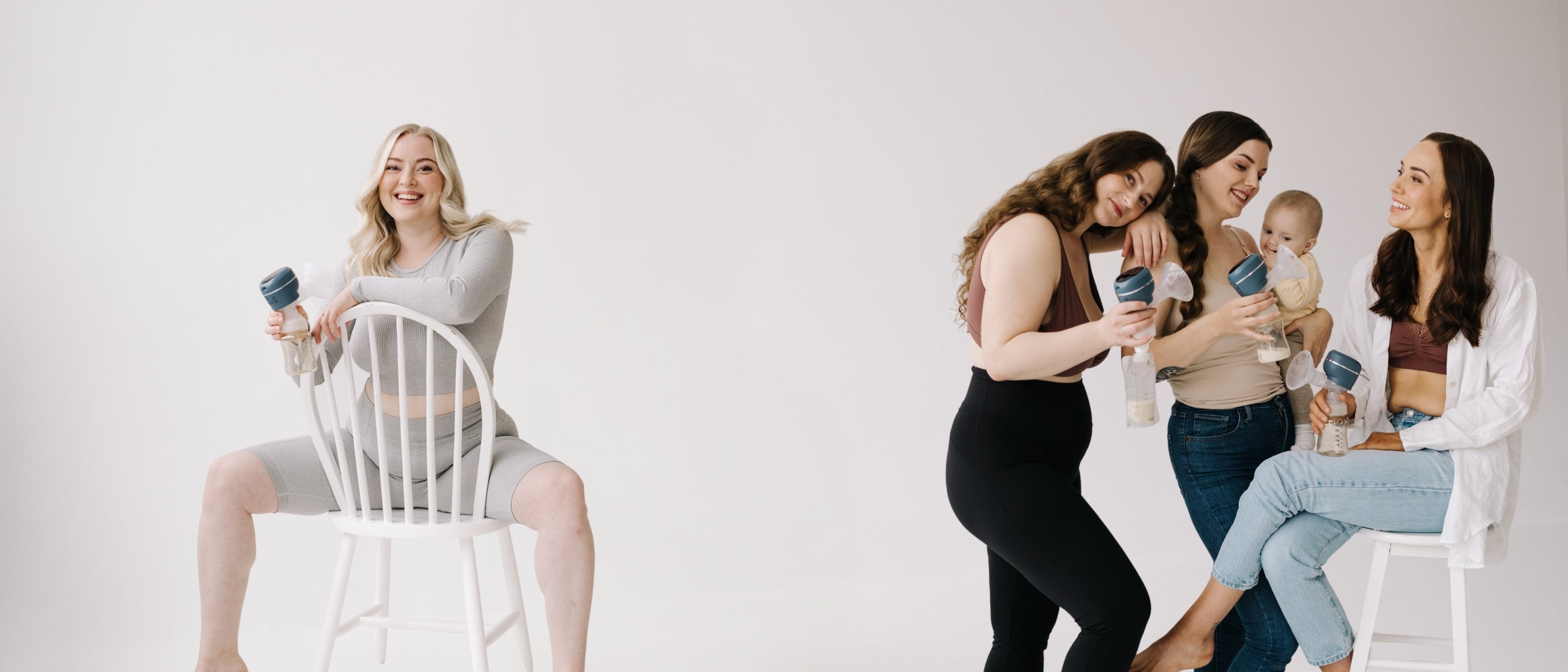 On the left, a woman is sitting on a chair holding a breast pump, and on the right, a group of women holding breast pumps, with one holding a baby.