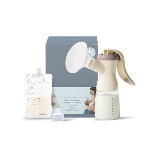 Breast pump, storage bags, and packaging on a light gray background