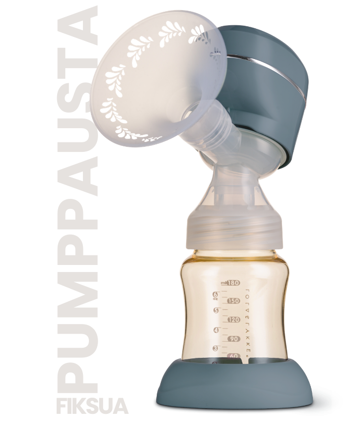 Lola&Lykke sähkökäyttöinen rintapumppu, taustalla teksti: fiksua pumppausta